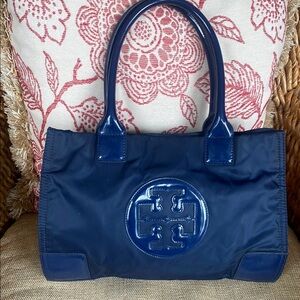 Tory Burch Blue Tote Bag with Logo and Leather Trim